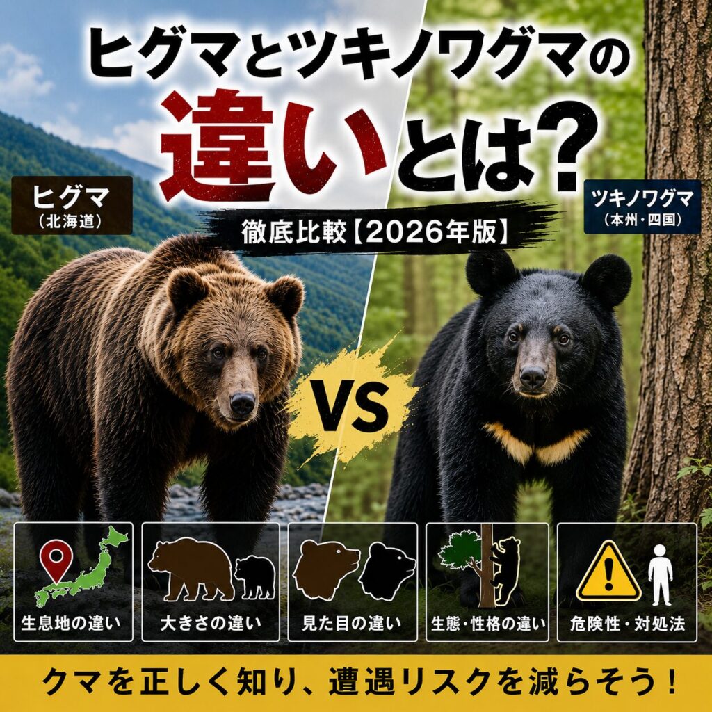 【2026年版】ヒグマとツキノワグマの違いとは？見分け方・大きさ・生息地・危険性を徹底比較のアイキャッチ画像