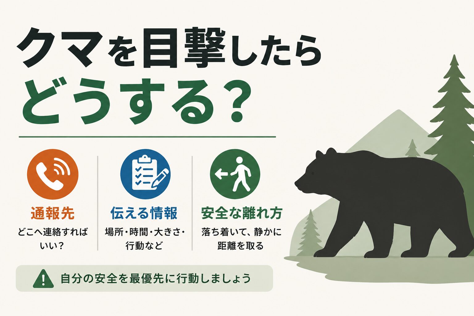 クマを目撃したときの通報と安全な離れ方を解説する記事のアイキャッチ画像