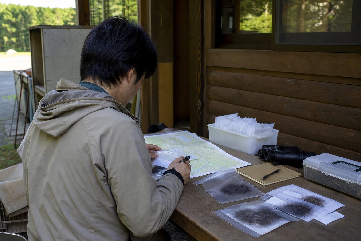 クマの体毛試料と地図を確認する自治体の野生動物担当者