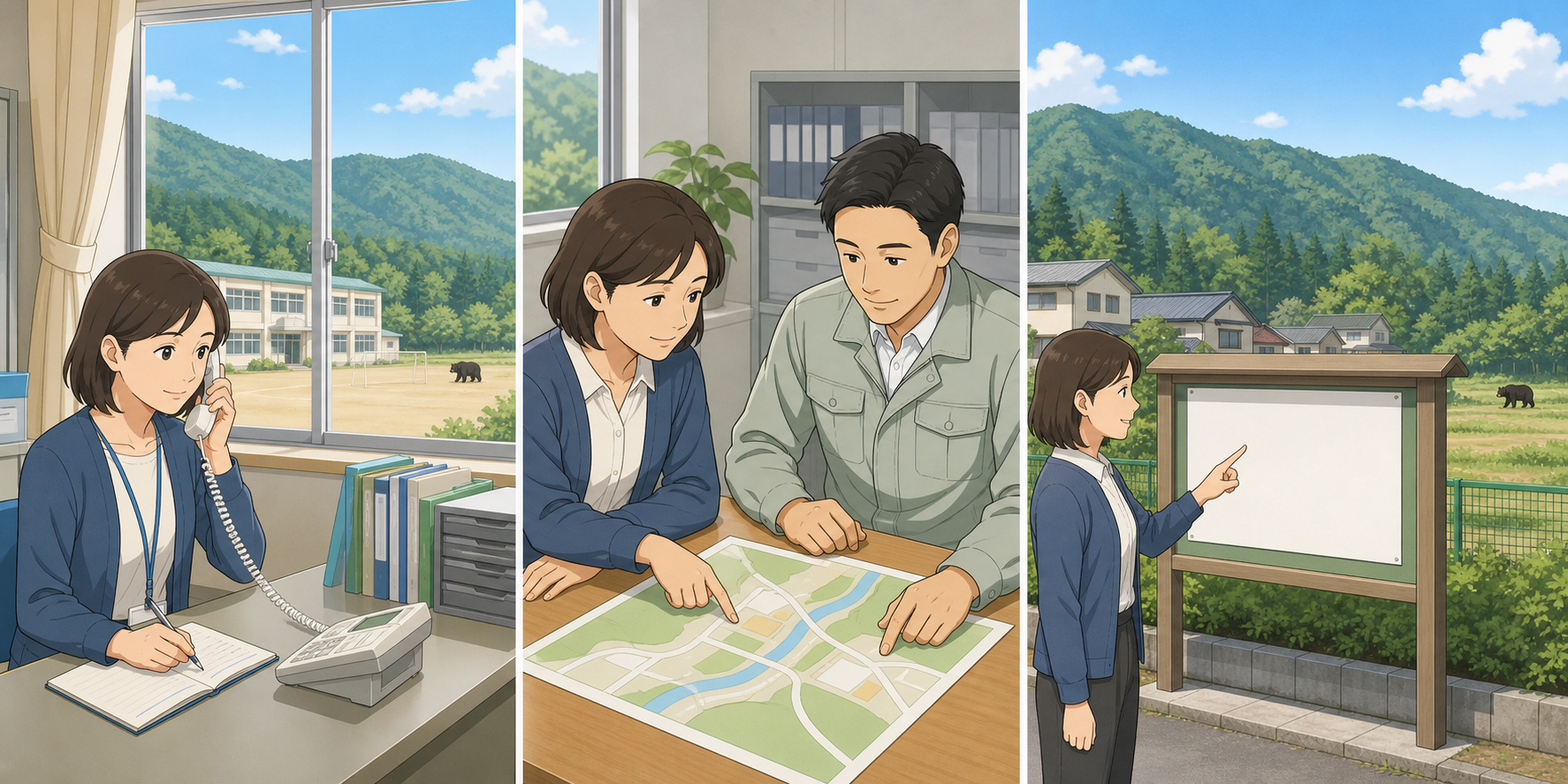 学校での通報受領、地図による情報確認、地域への周知準備を示す実務イラスト