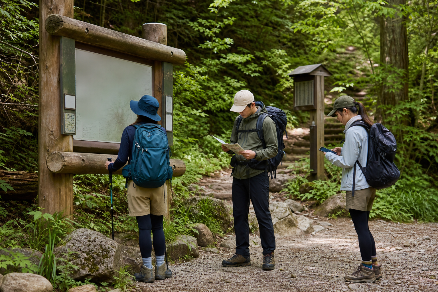 登山口の情報板と地図を確認する登山者