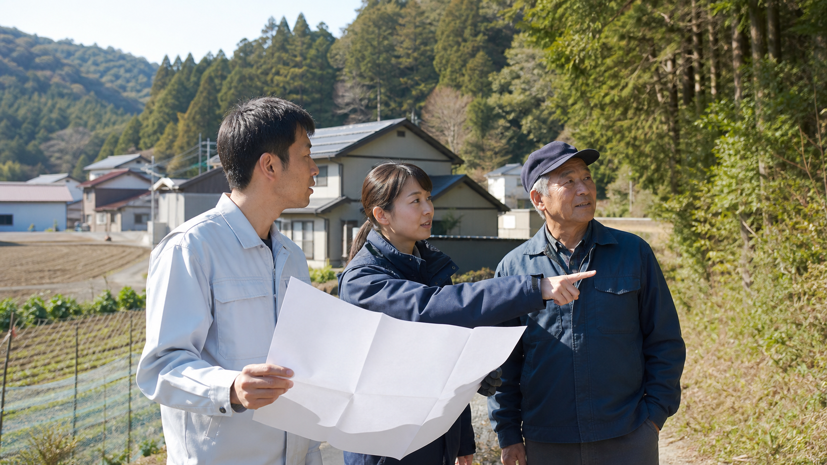 農地と森林の境界で予防の確認を行う自治体担当者と地域住民