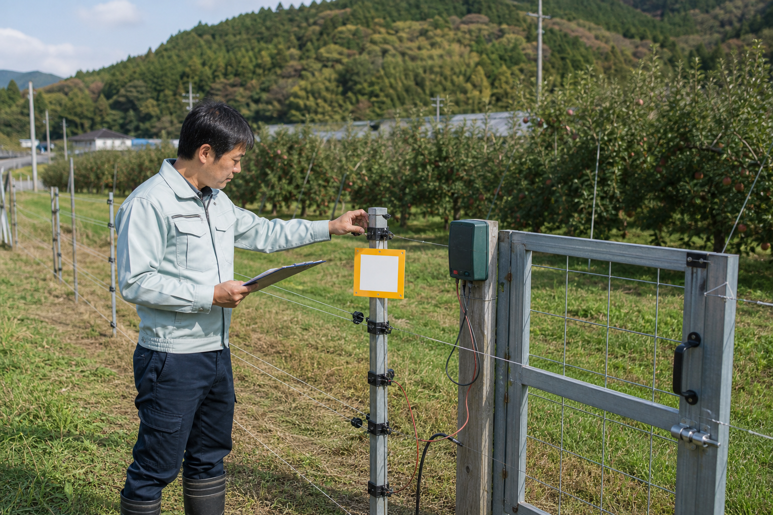 果樹園の電気柵とゲートを点検する作業者