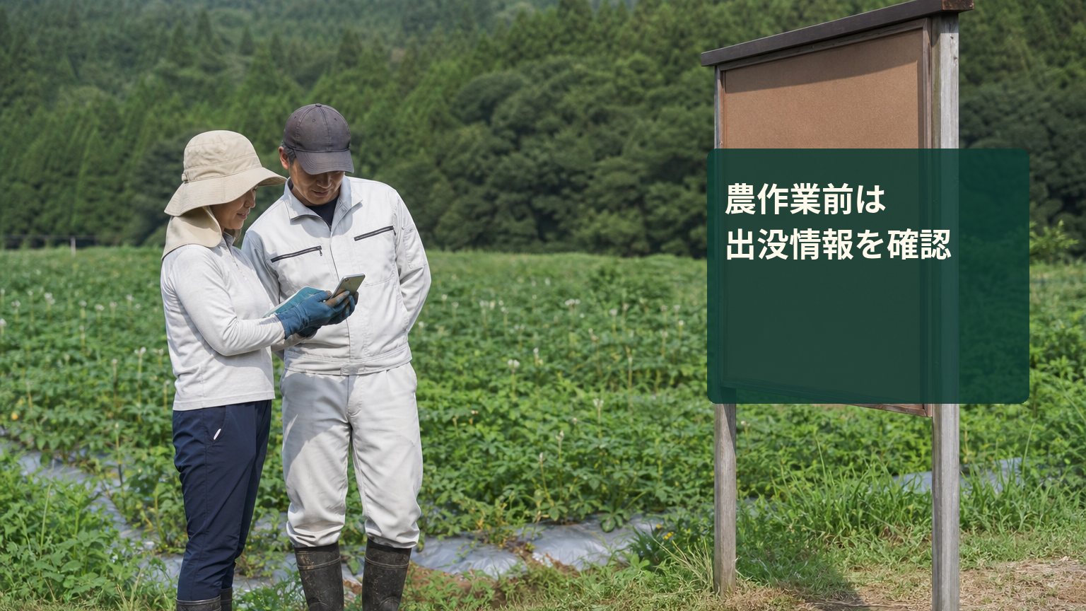 農地で出没情報を確認する二人の作業者