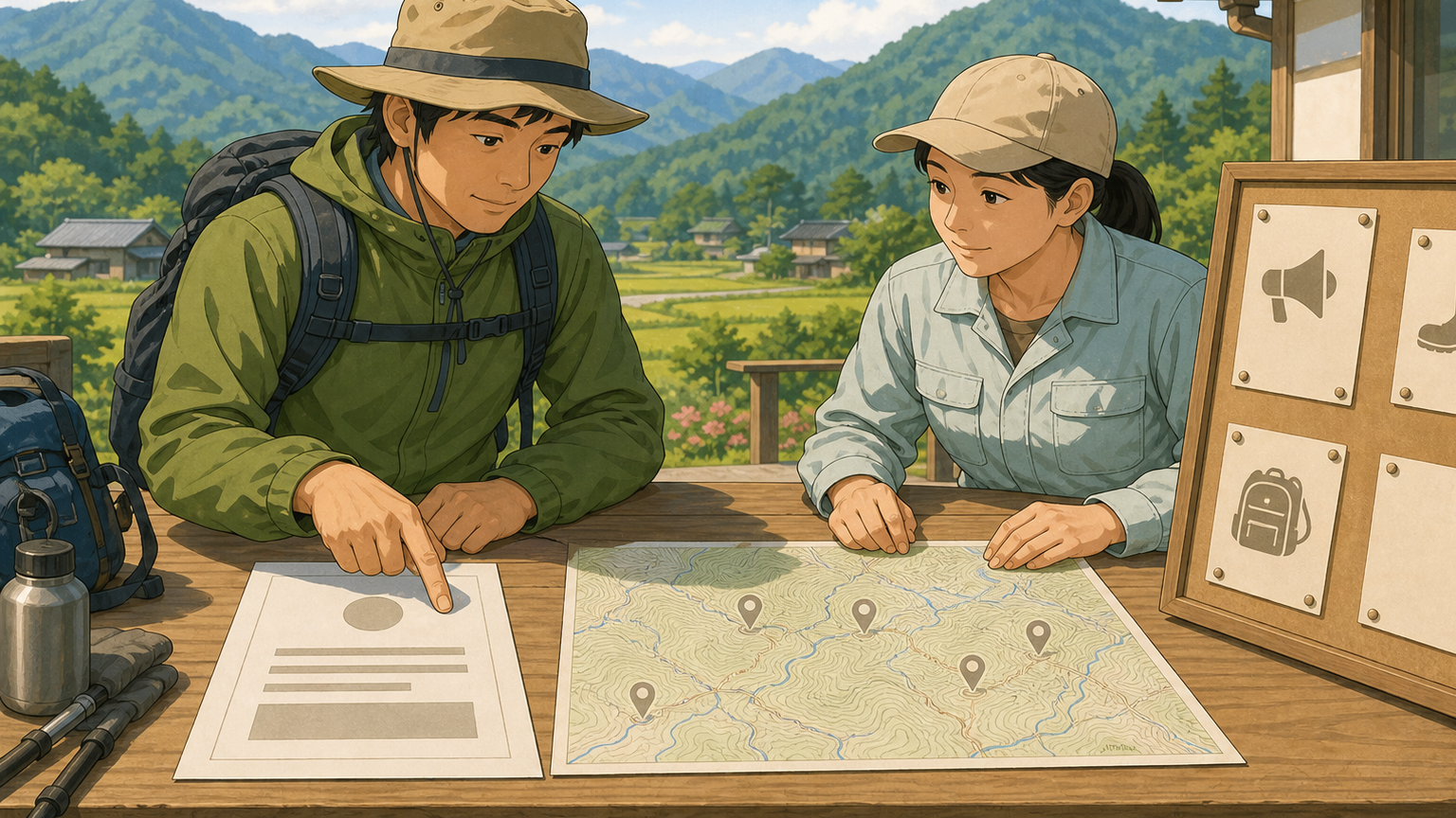 登山者と農作業者が山形県の地図と案内板を見て出発前の情報を確認するイラスト