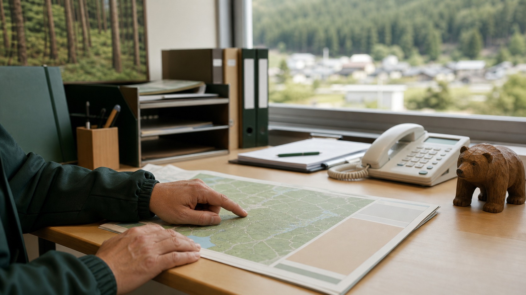地域の地図と連絡体制を確認する自治体担当者のイメージ