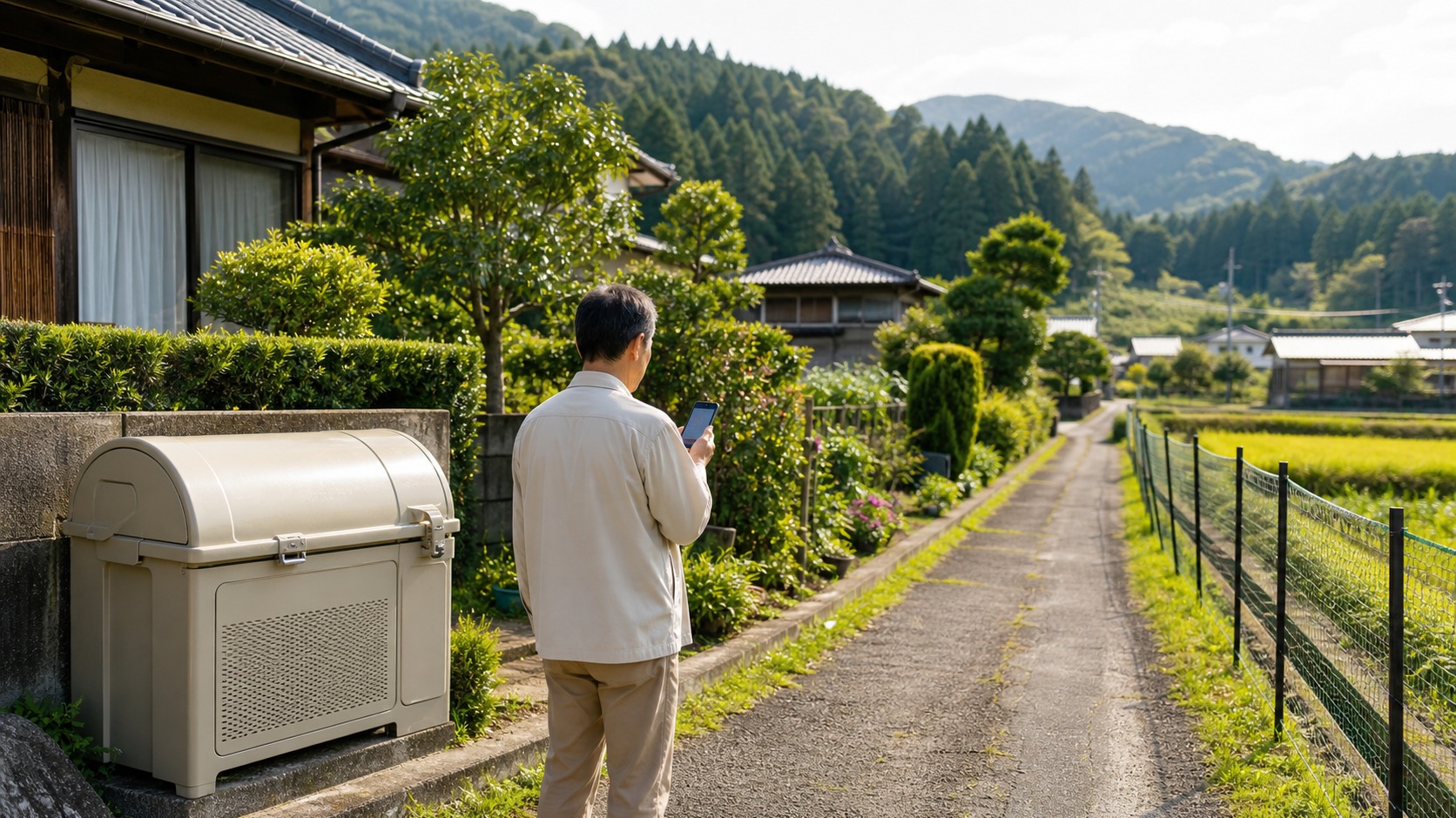 ごみ容器を管理し出没情報を確認する地域住民のイメージ