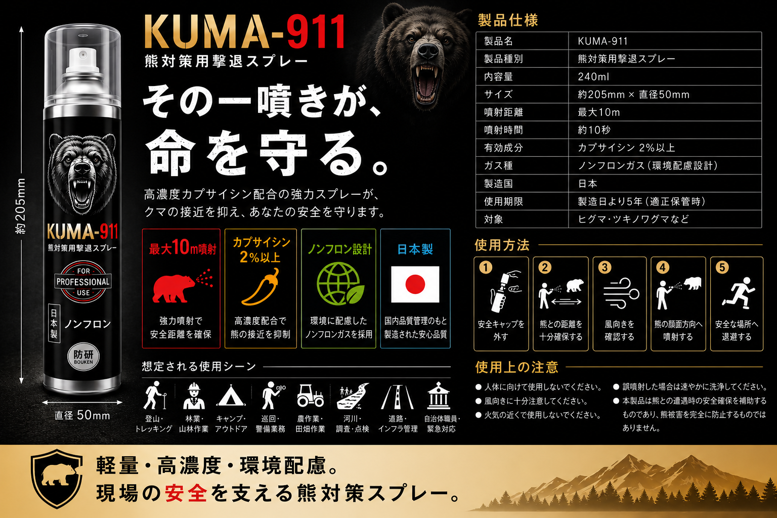 KUMA-911の内容量・サイズ・噴射距離・使用上の注意を示す製品仕様