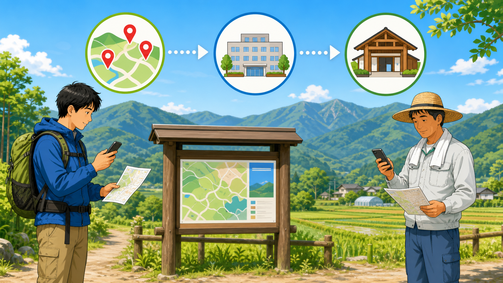 登山者と農作業者が地図、自治体、ビジターセンターの確認順をたどるイラスト