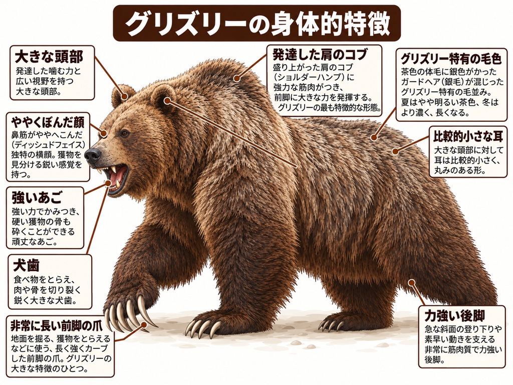 グリズリーの頭部、あご、歯、前脚の爪、肩などの特徴を示す解説図
