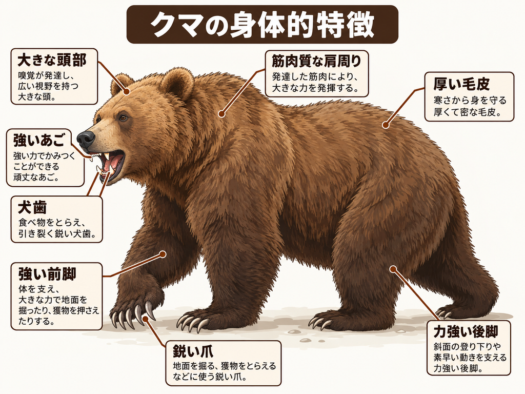 クマの頭部、あご、歯、肩、前脚、爪などの特徴を示す解説図