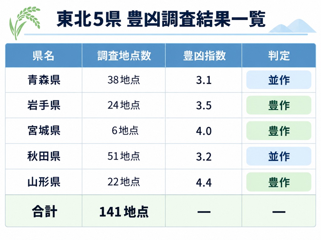 東北5県のブナ豊凶調査結果。青森3.1並作、岩手3.5豊作、宮城4.0豊作、秋田3.2並作、山形4.4豊作。調査141地点。