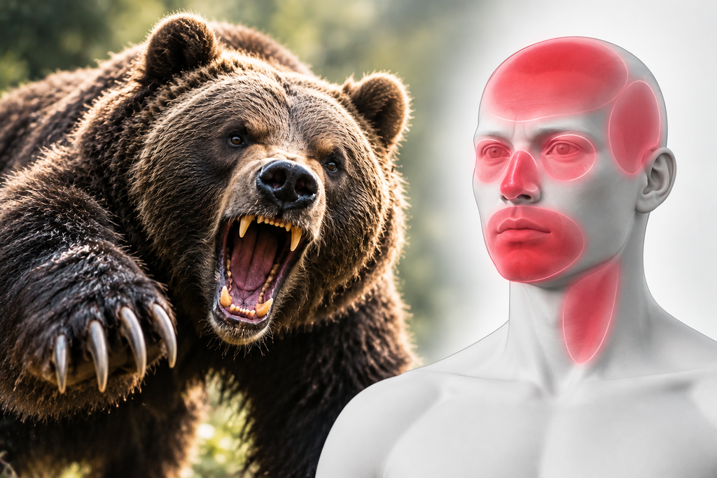 爪を見せるクマと、顔や首の部位を示した人体図