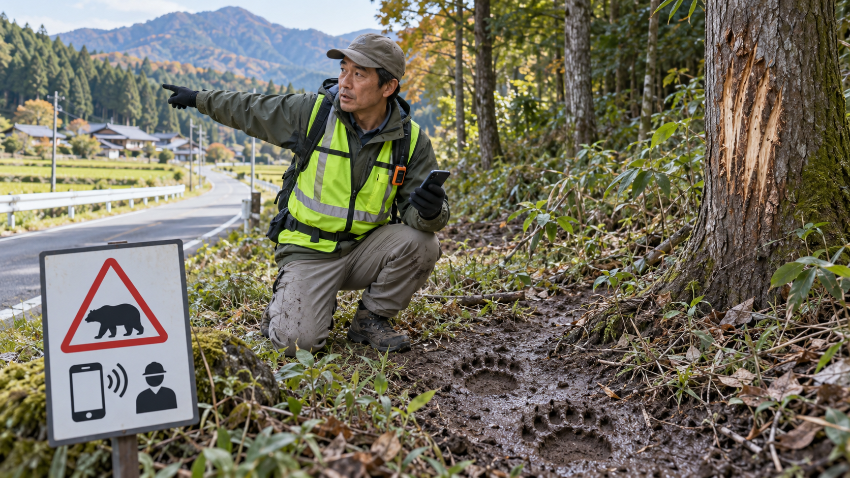 痕跡を見つけた後に安全な道路へ戻り通報するイメージ
